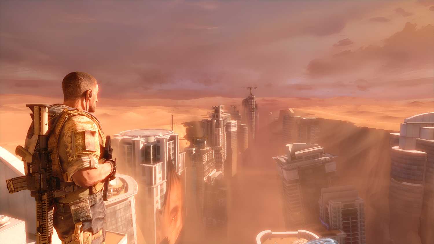 Martin Walker lookign at the Dubai landscape in Spec Ops: The Line.