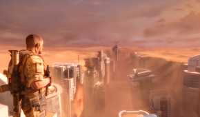 Martin Walker lookign at the Dubai landscape in Spec Ops: The Line.