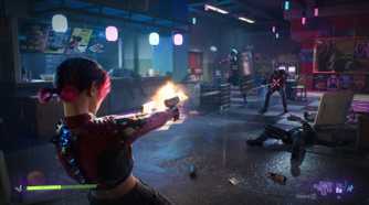 A screenshot from the game "SPINE - This is Gun Fu", showing the protagonist dual wielding and firing pistols at enemies.