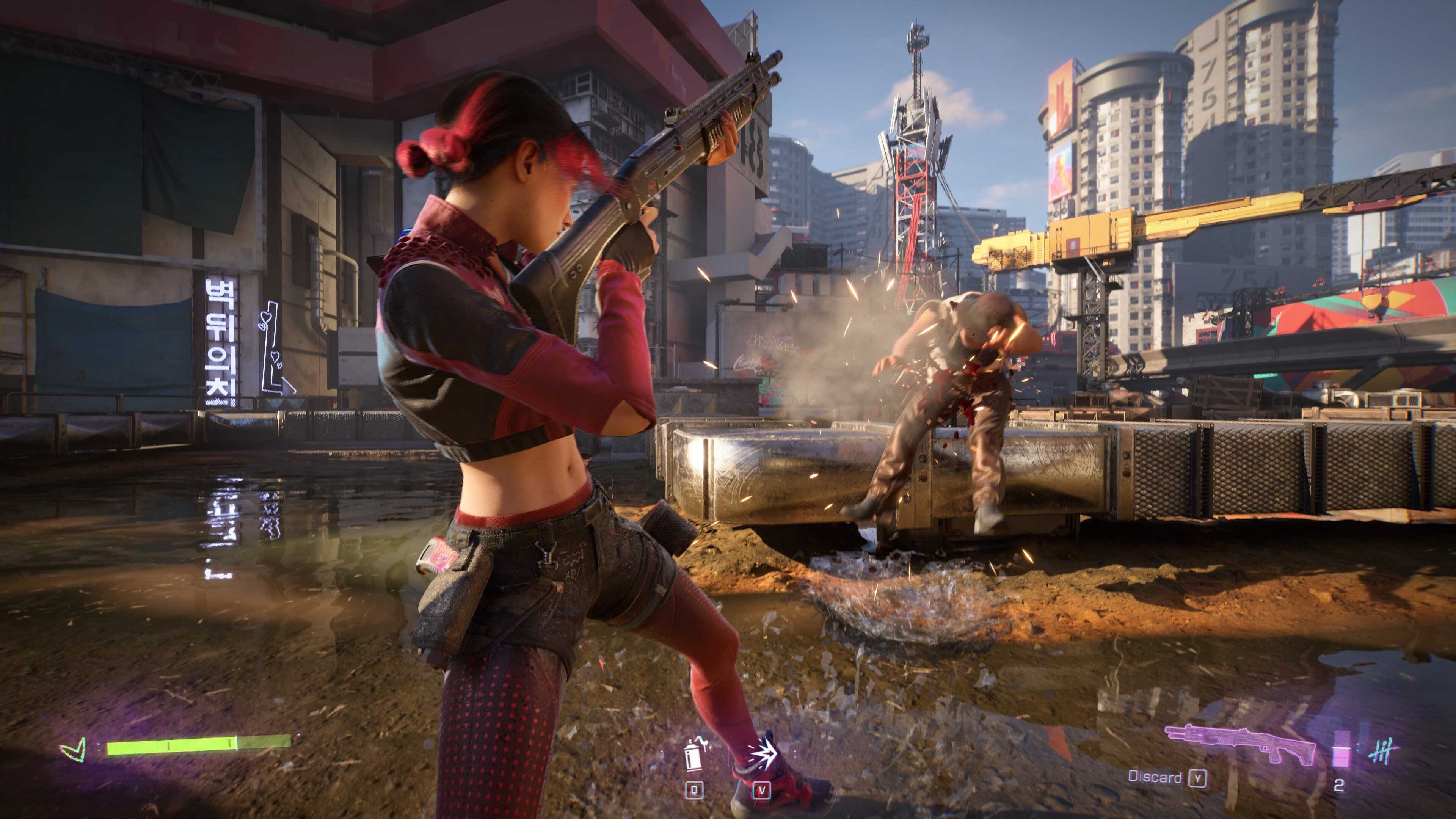 A screenshot from the game "SPINE - This is Gun Fu", showing the protagonist firing a shotgun at an enemy.