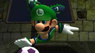 Luigi prepares a super strike in Super Mario Strikers.