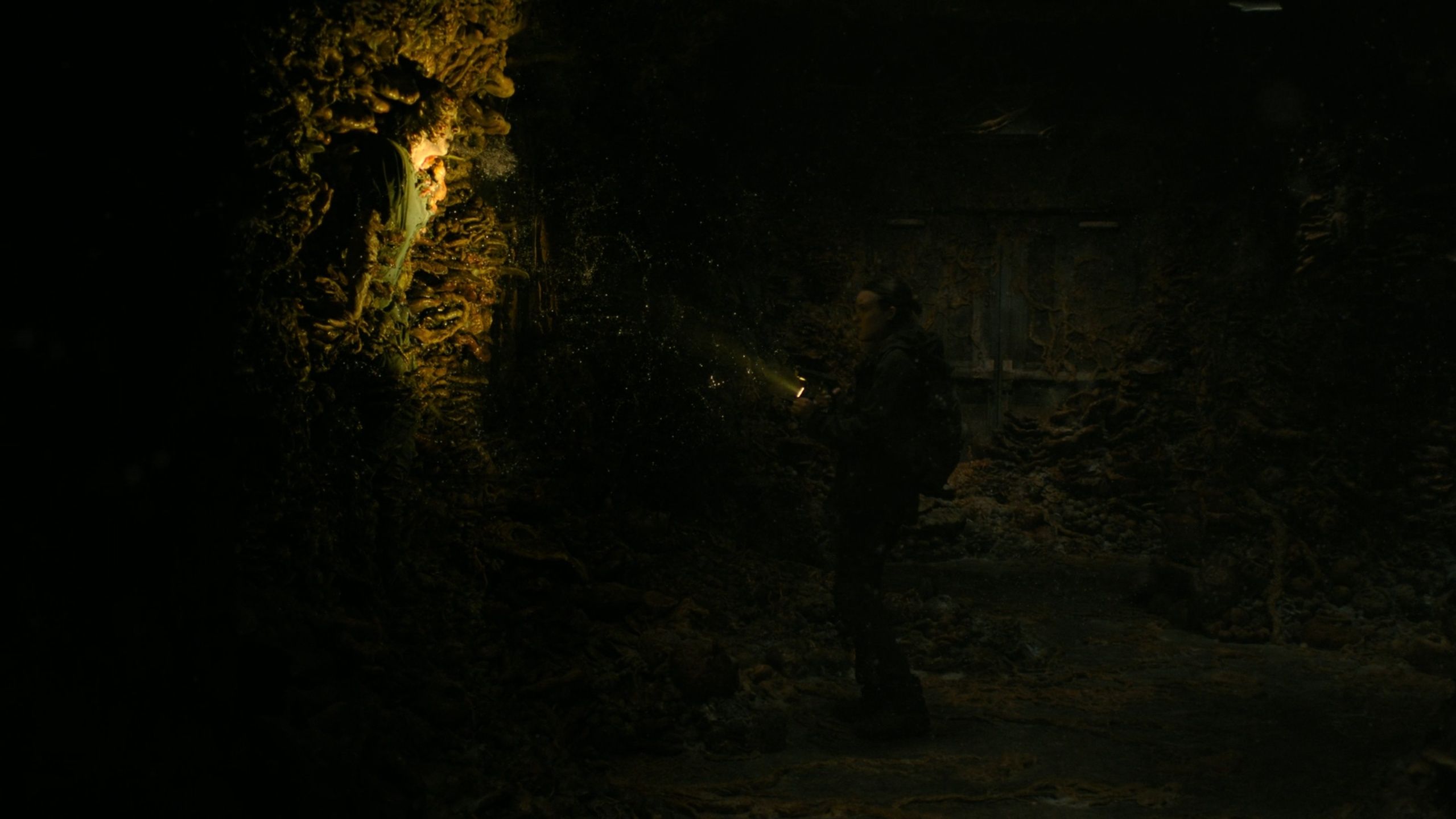 A zombie breathing spores at Ellie in HBO's The Last of Us, season 2, episode 5.