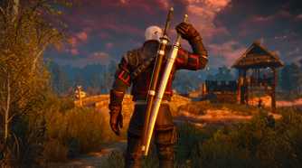 The Witcher 3: Wild Hunt, showing Geralt reaching for a sword