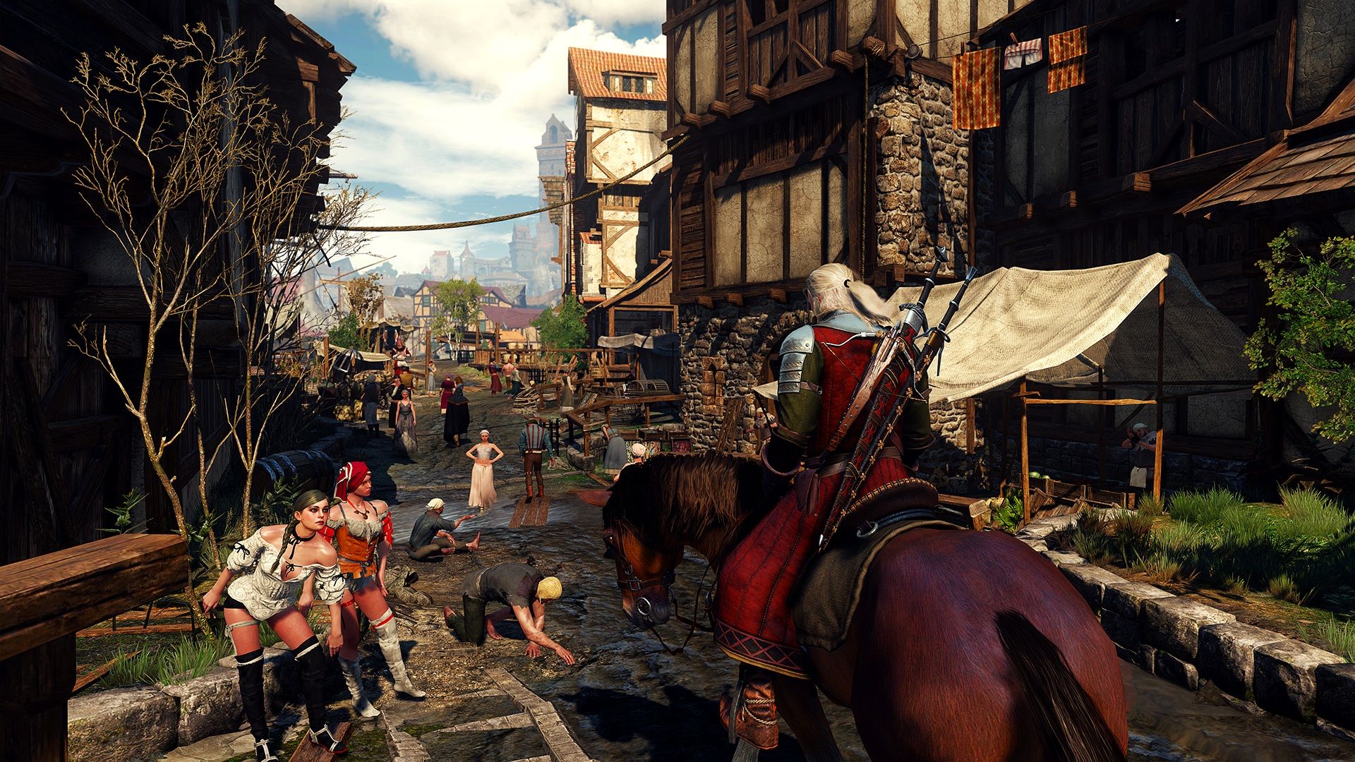 Geralt riding a horse through a town