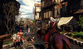 Geralt riding a horse through a town