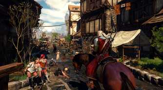 Geralt riding a horse through a town