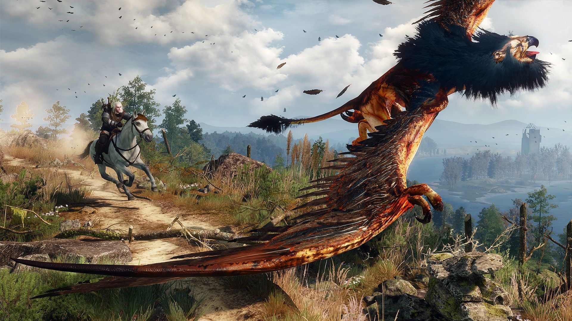 a flying beast running away from Geralt