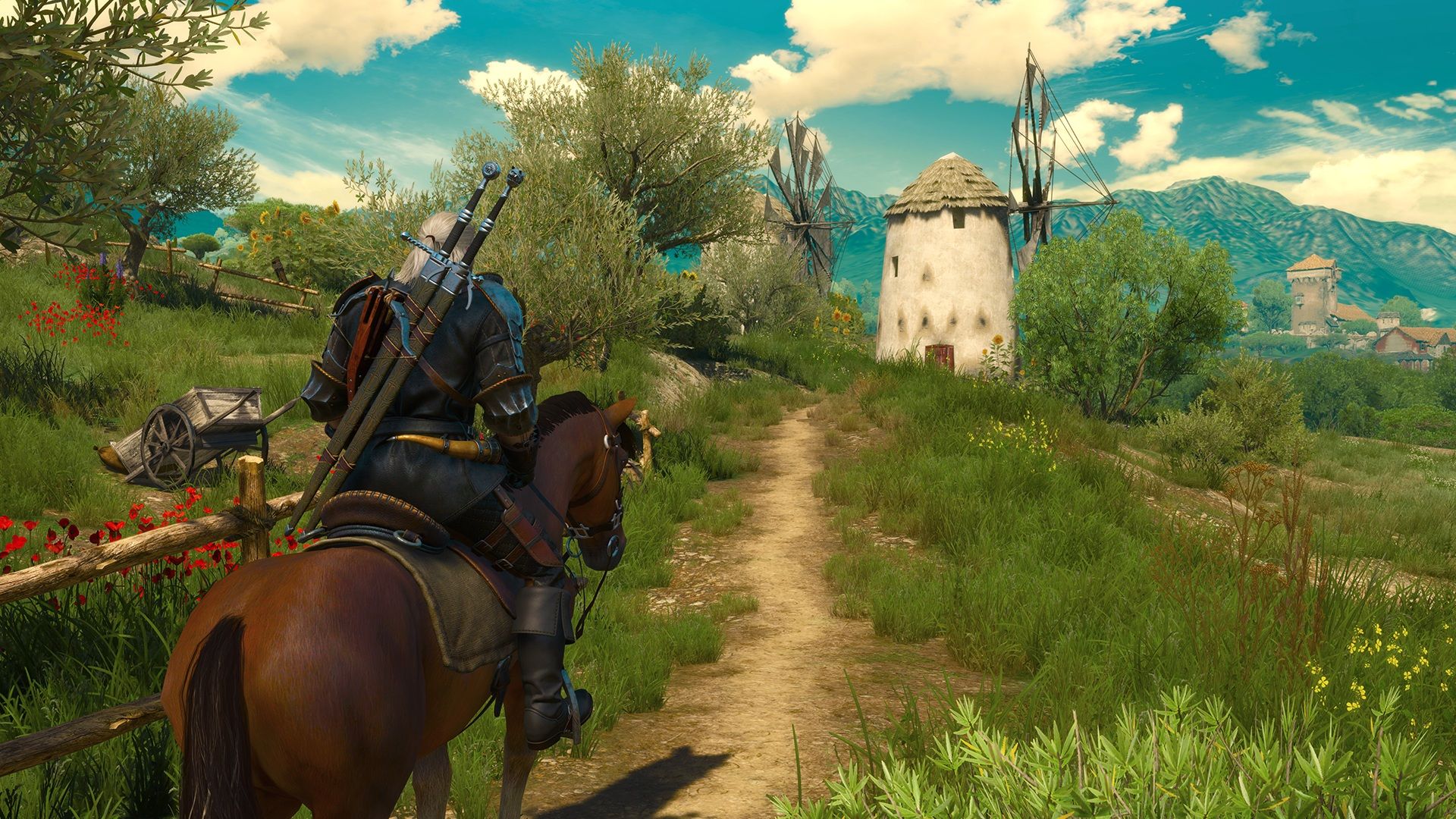 Geralt riding a horse towards a mill
