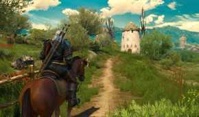 Geralt riding a horse towards a mill