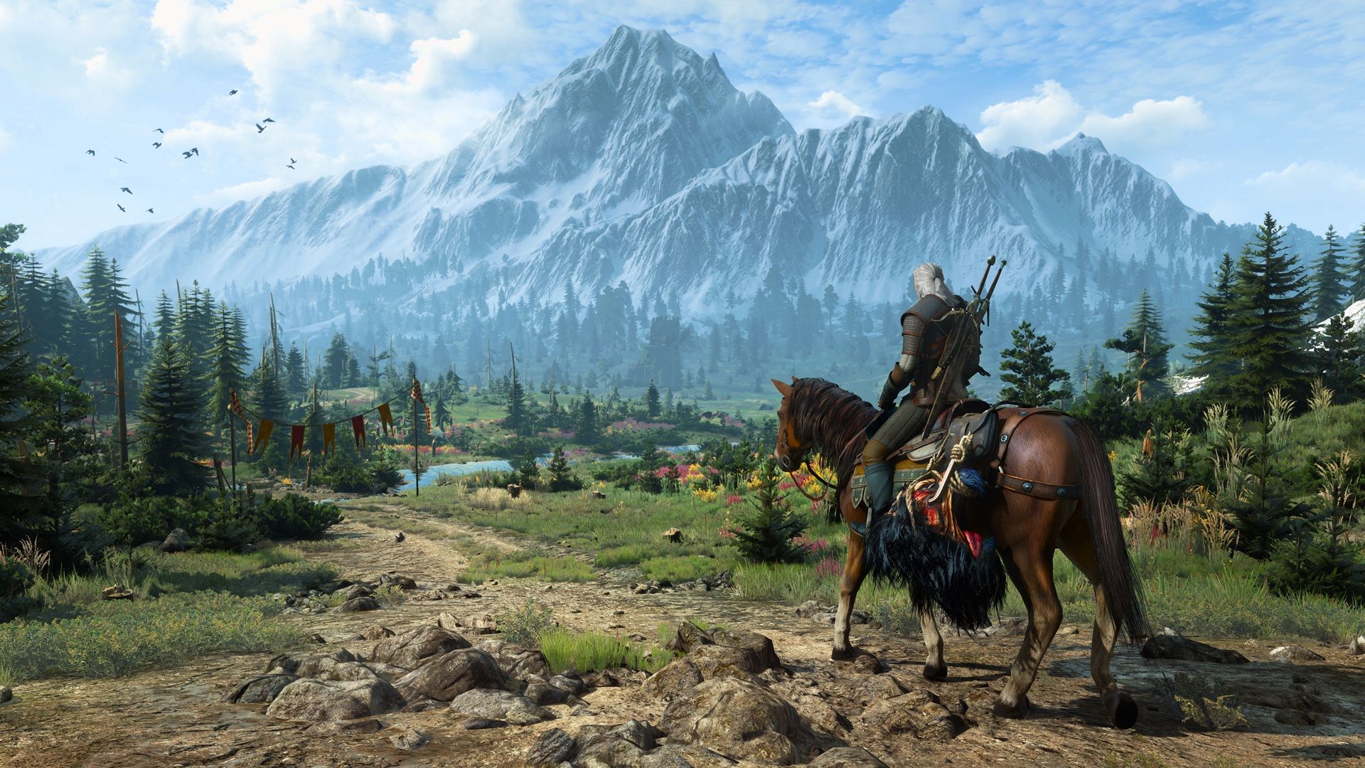 Geralt riding a horse through the countryside