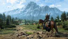 Geralt riding a horse through the countryside