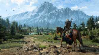 Geralt riding a horse through the countryside
