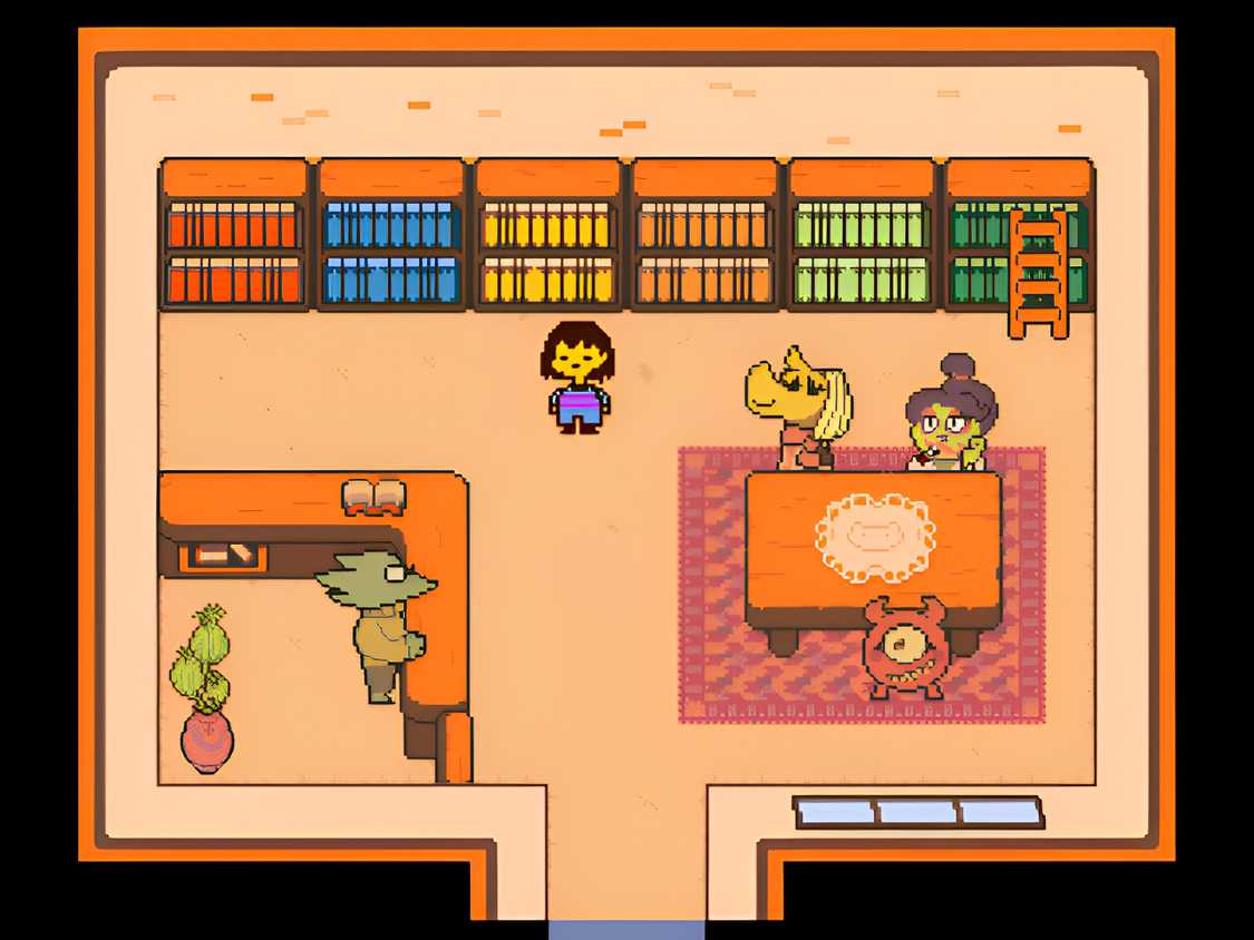 The player standing in a library in Undertale.