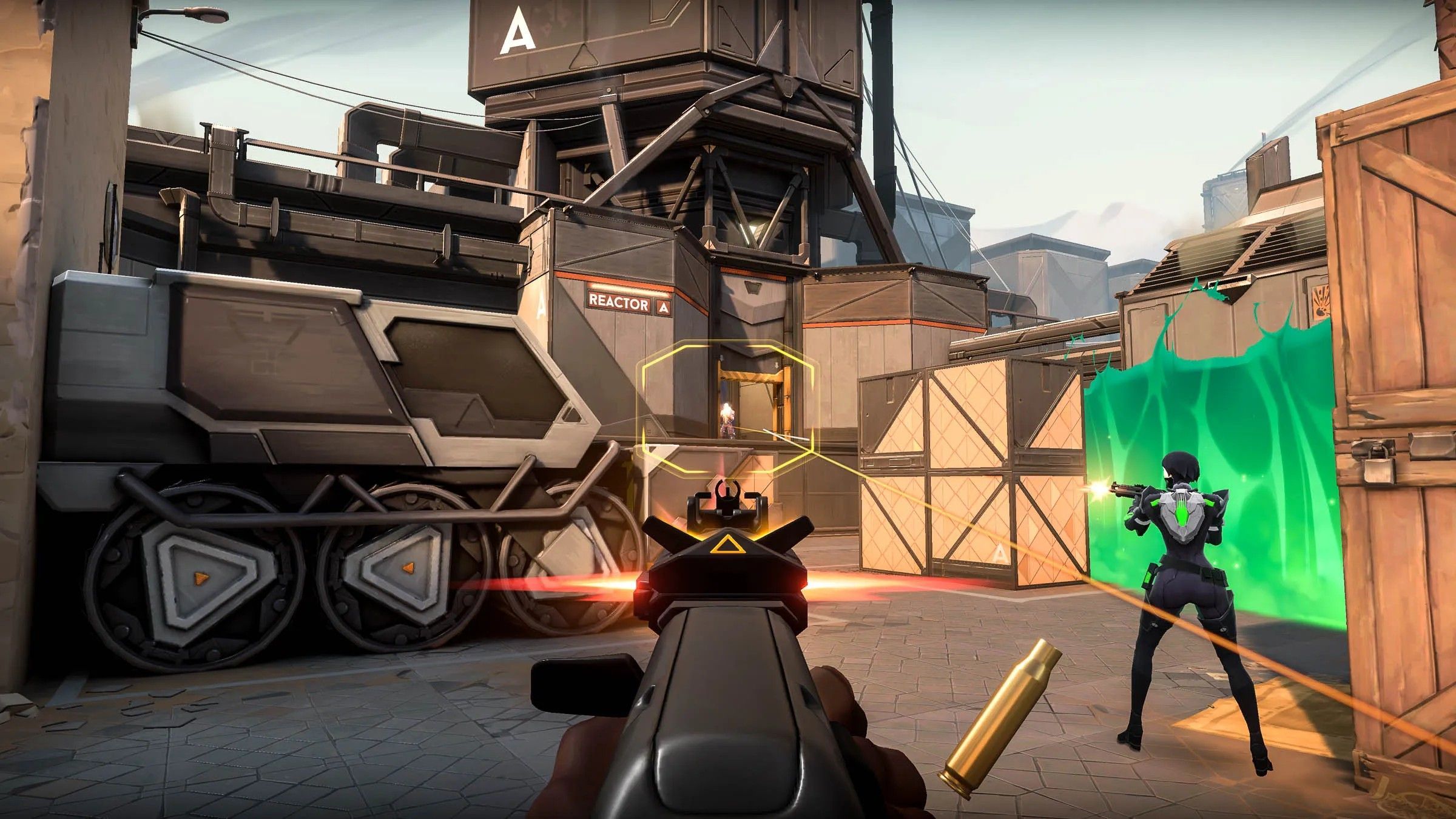 Valorant aiming down at and shooting someone at the bomb site