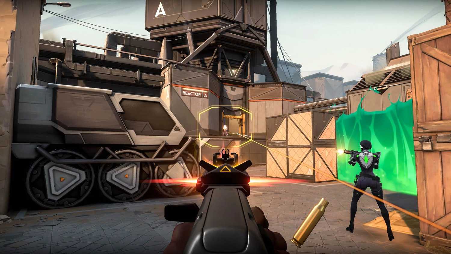 Valorant aiming down at and shooting someone at the bomb site