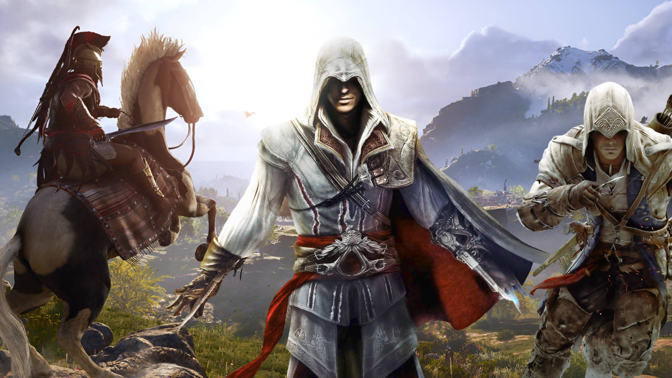 An image of a spartan on a horse, next to Ezio Auditore and Connor Kenway from the Assassin's Creed franchise.