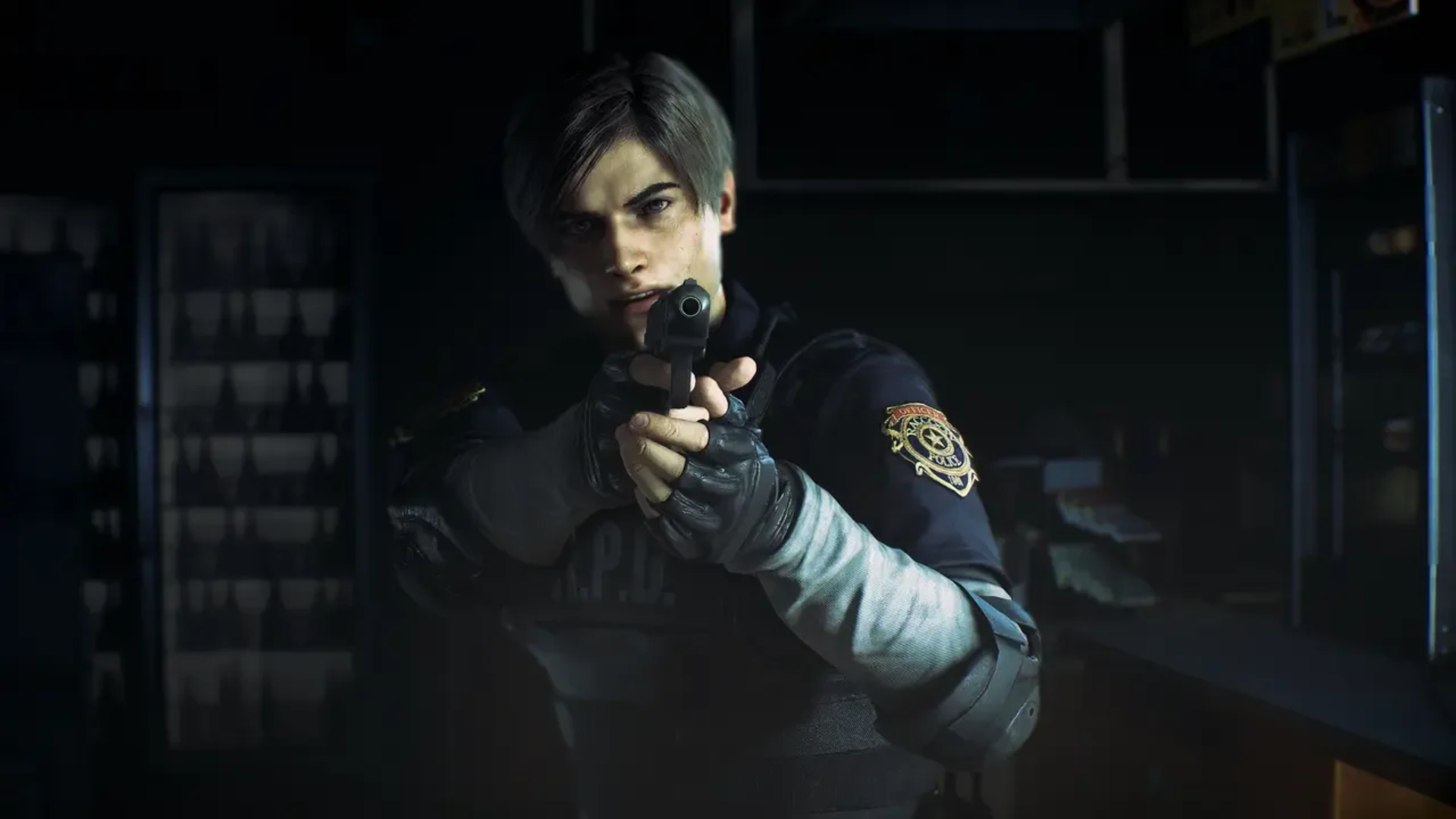 Leon pointing a gun in Resident Evil 2 Remastered