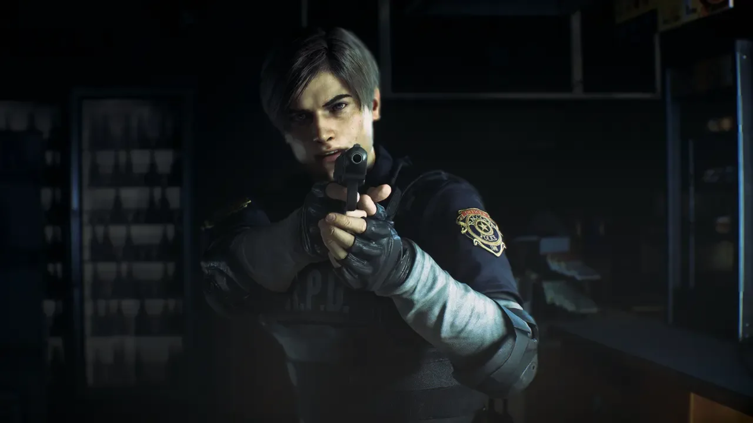 Leon pointing a gun in Resident Evil 2 Remastered