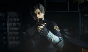 Leon pointing a gun in Resident Evil 2 Remastered
