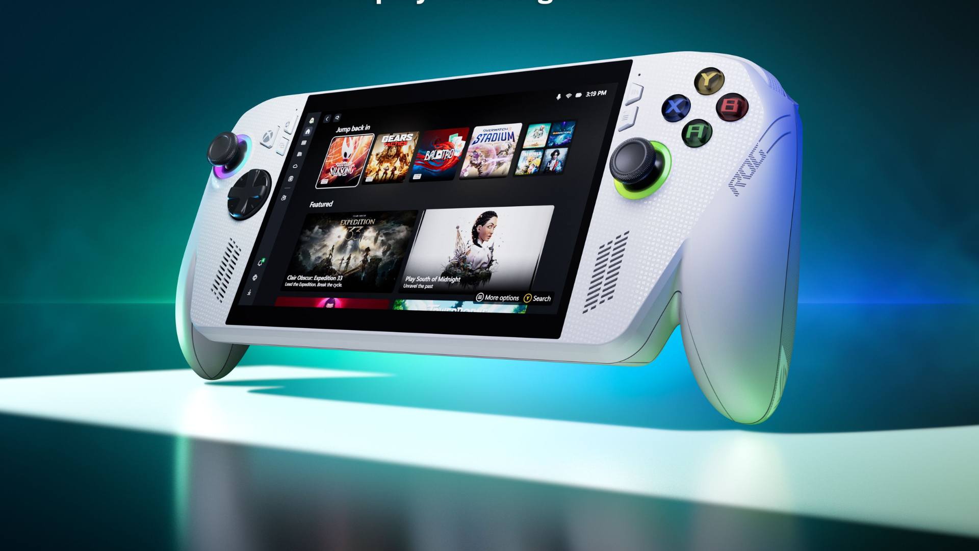 The Xbox Ally at an angle, with a blue backgrund