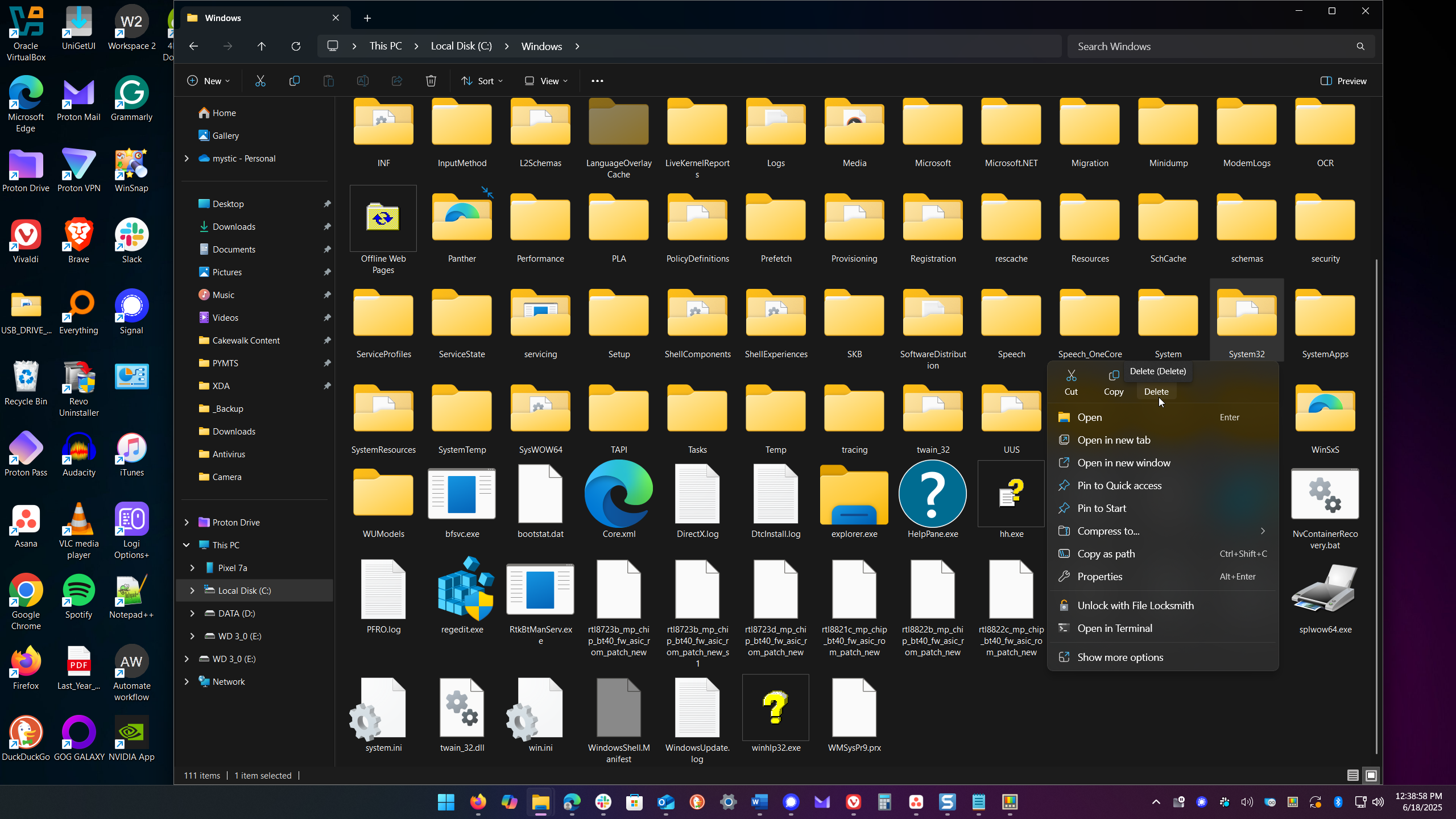 Shows option to delete system32 folder