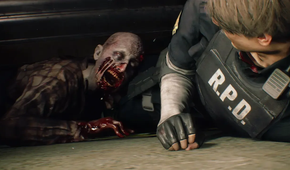 A zombie attacking Leon in Resident Evil 2 Remastered