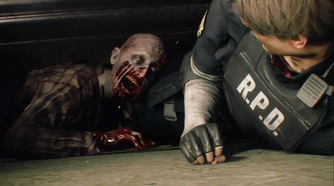 A zombie attacking Leon in Resident Evil 2 Remastered