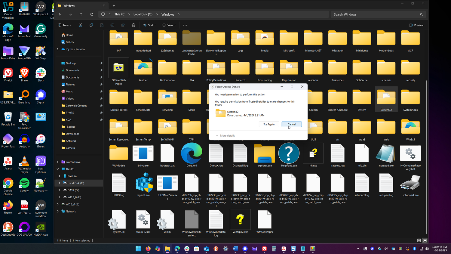 shows access denied error deleting system32 folder