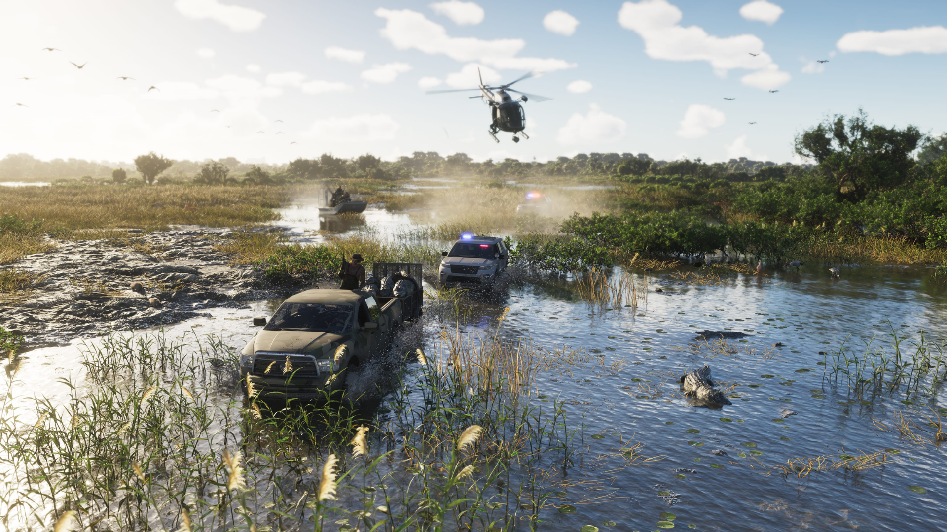 Cars driving through a wetland with a helicopter flying above