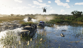 Cars driving through a wetland with a helicopter flying above