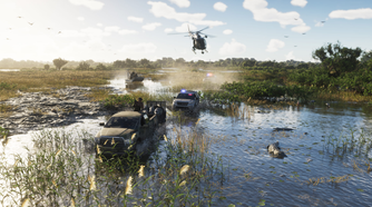 Cars driving through a wetland with a helicopter flying above