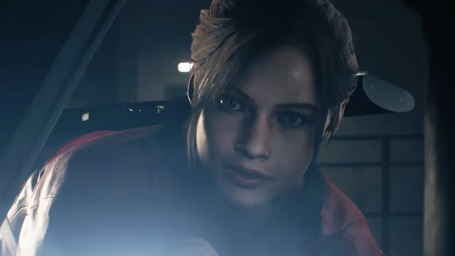 Chloe pointing a flashlight at the camera in Resident Evil 2 Remastered