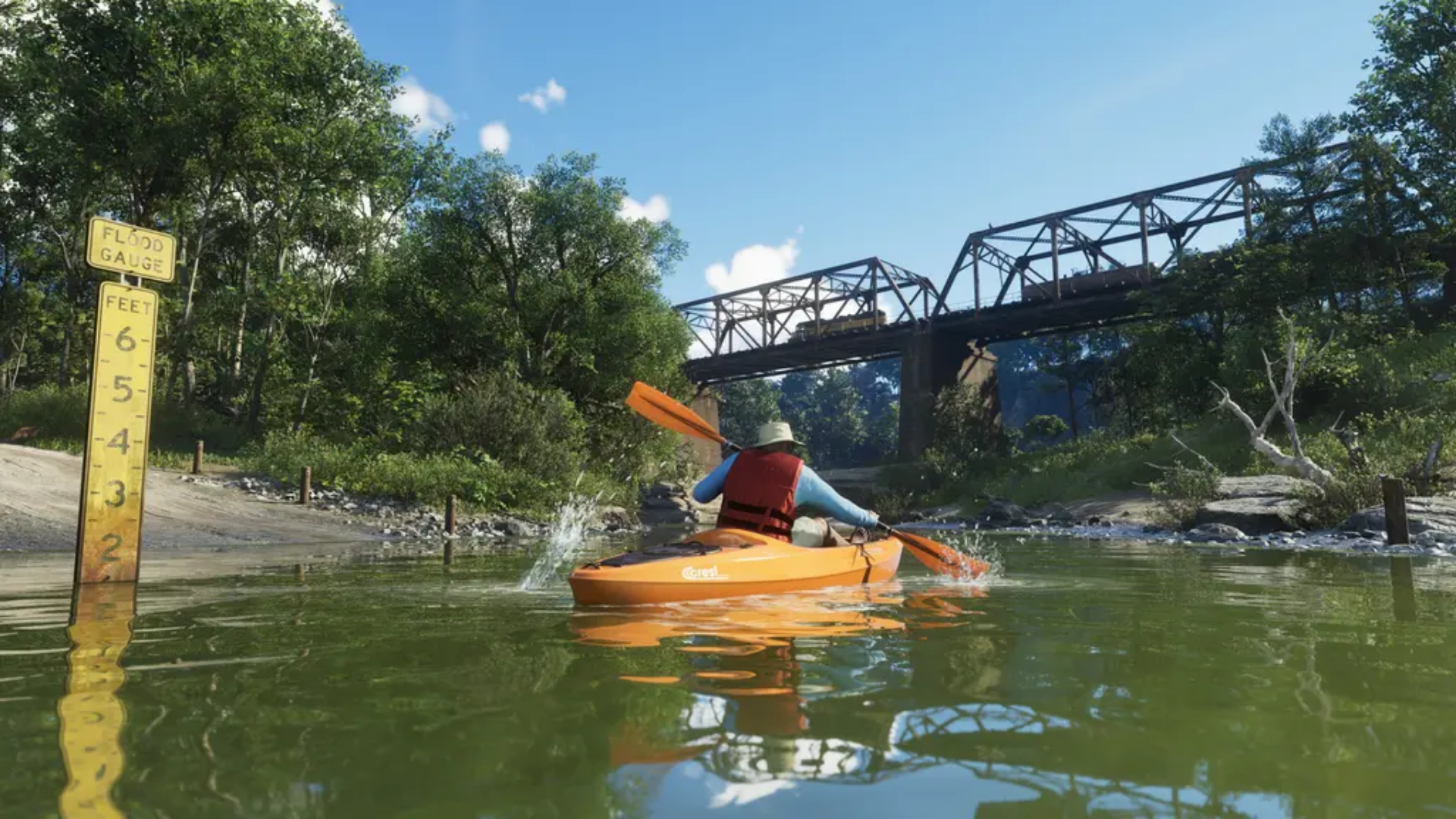 A man kayaking through a canal in GTA VI
