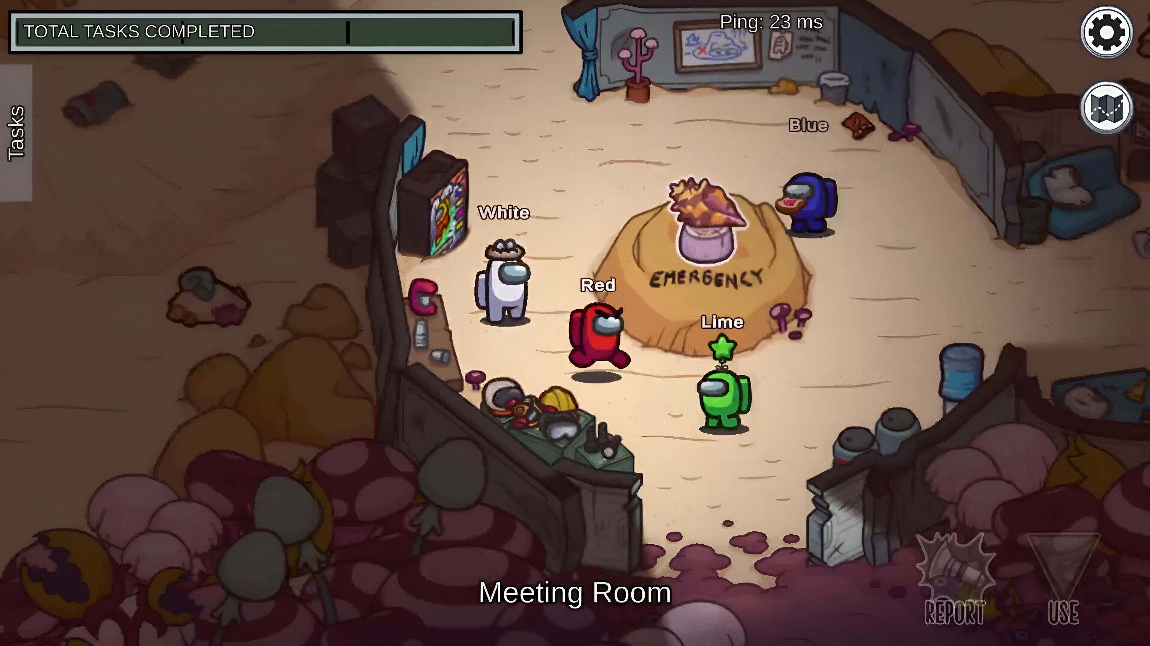 Four players in the meeting room in Among Us.