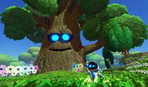 Astro standing next to a sentient tree in a grassy meadow in Astro Bot.