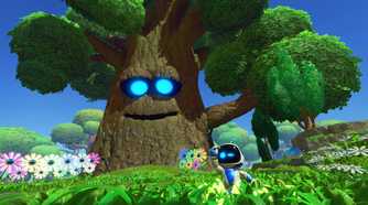 Astro standing next to a sentient tree in a grassy meadow in Astro Bot.