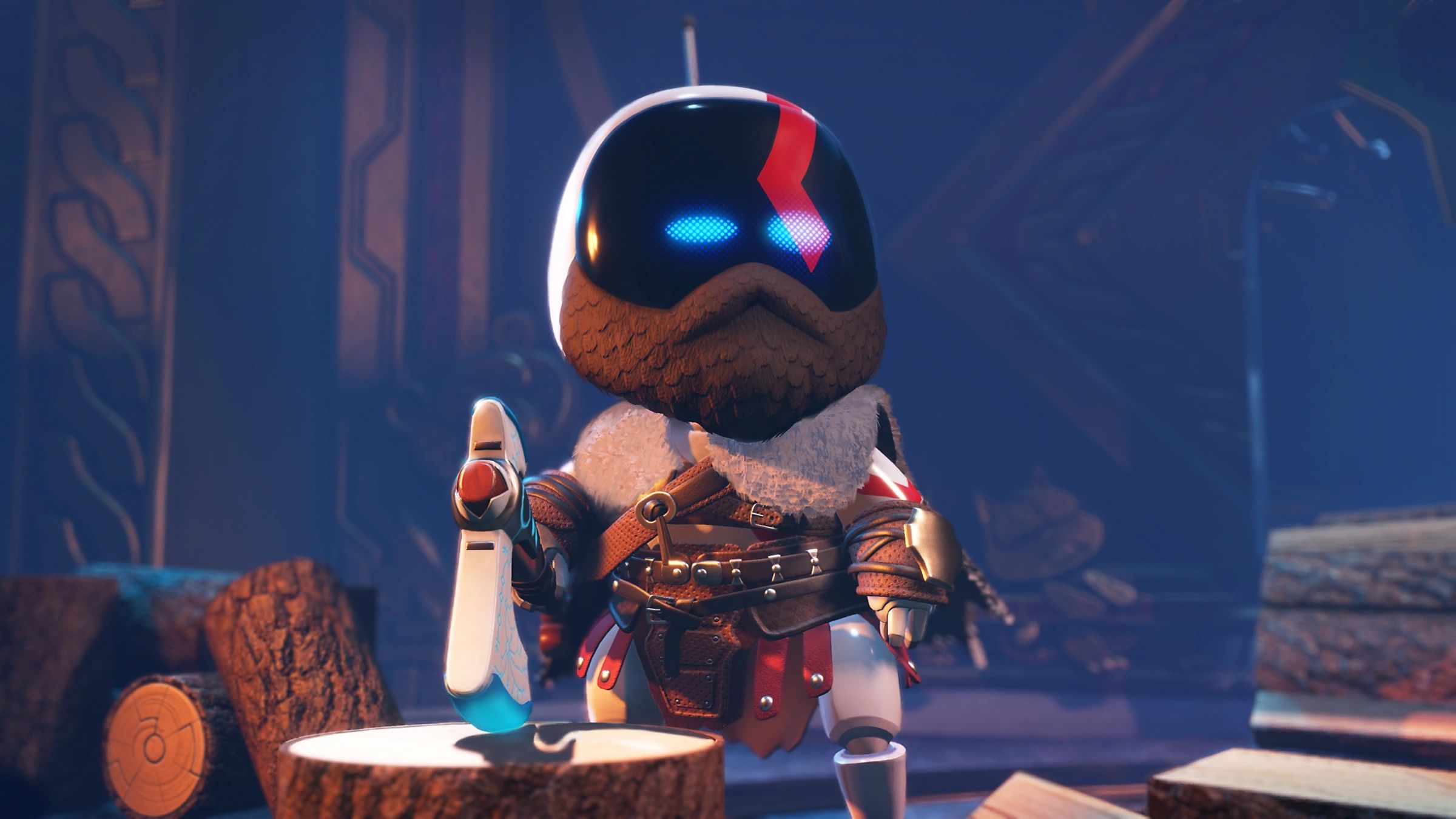 Astro mimicking God of War's Kratos in Astro Bot.