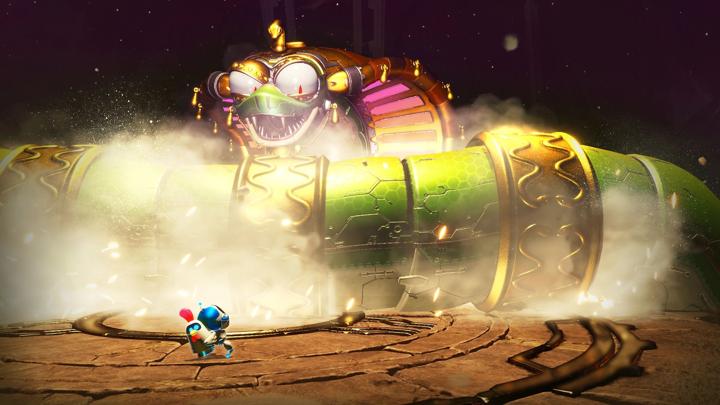Astro fightifacing off against a huge metallic snake in Astro Bot.