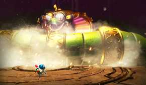 Astro fightifacing off against a huge metallic snake in Astro Bot.