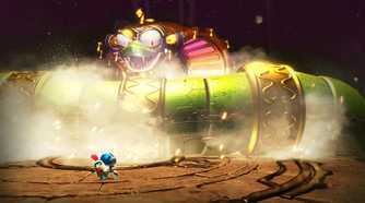 Astro fightifacing off against a huge metallic snake in Astro Bot.