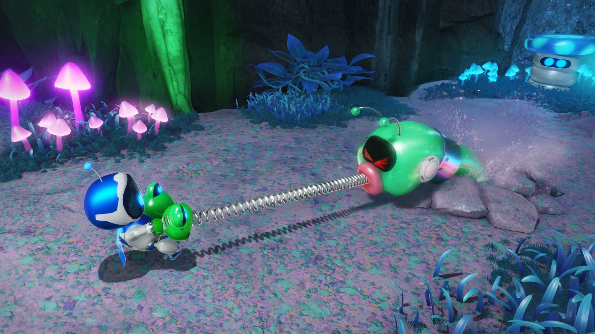 Astro struggling with a spring and an enemy in Astro Bot.
