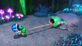 Astro struggling with a spring and an enemy in Astro Bot.