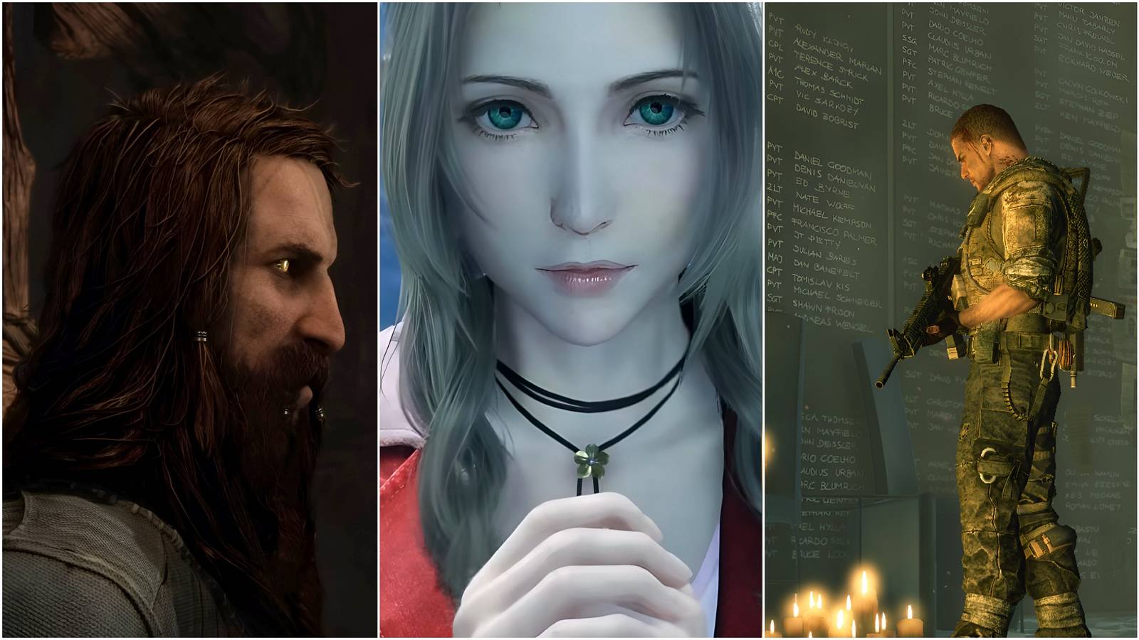 Tyr from God of War Ragnarok, Aerith from Final Fantasy VII Rebirth, and Captain Martin Walker from Spec Ops: The Line.