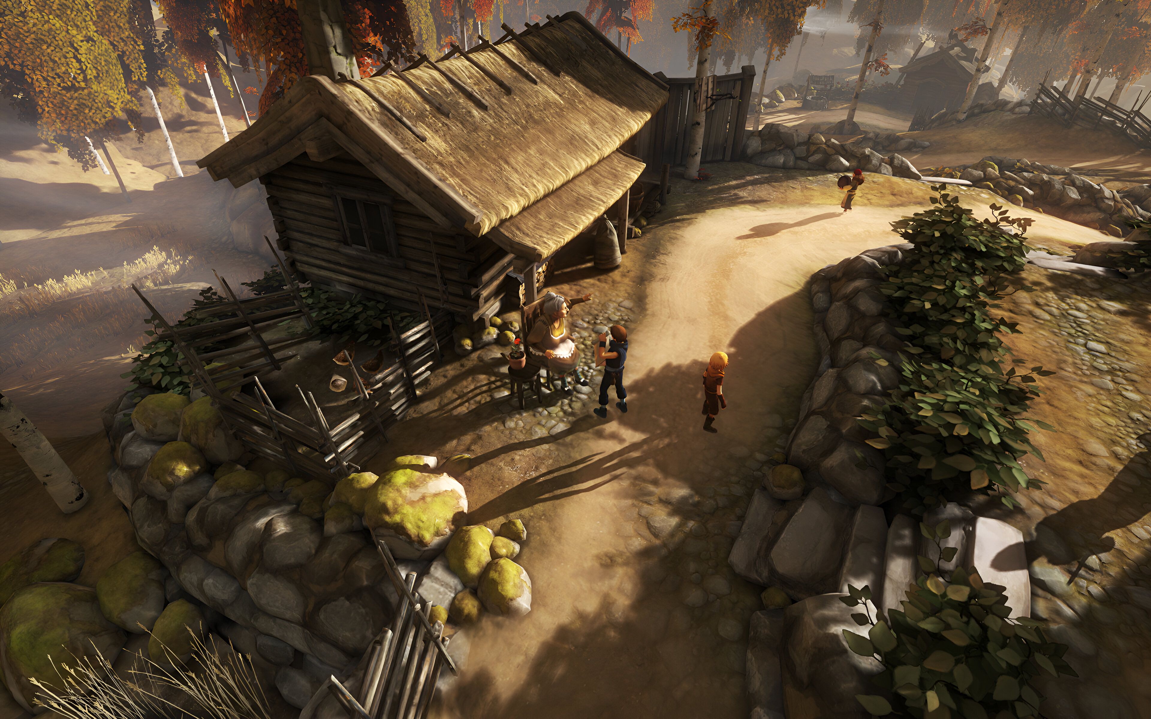 Two brothers talking to a grandma in Brothers: A Tale of Two Sons.