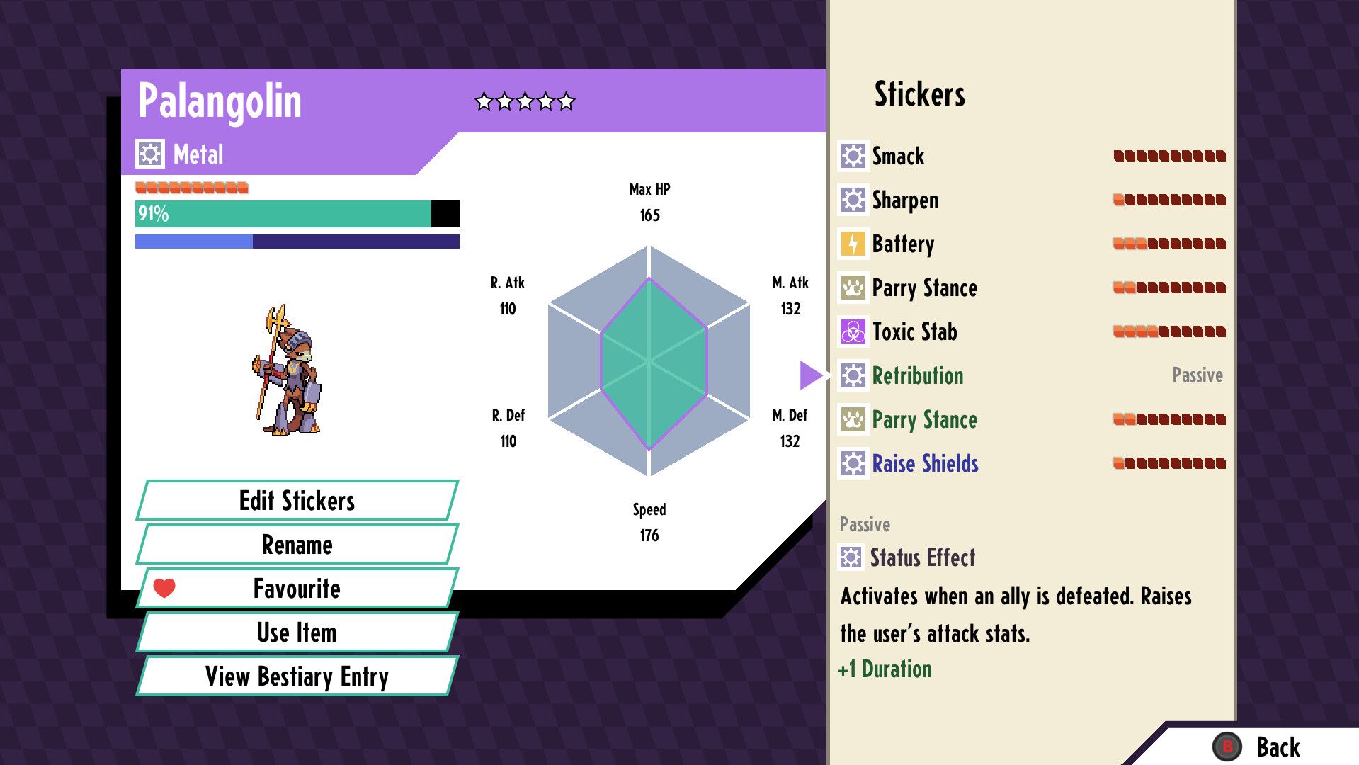 cassette beasts Palangolin stat screen