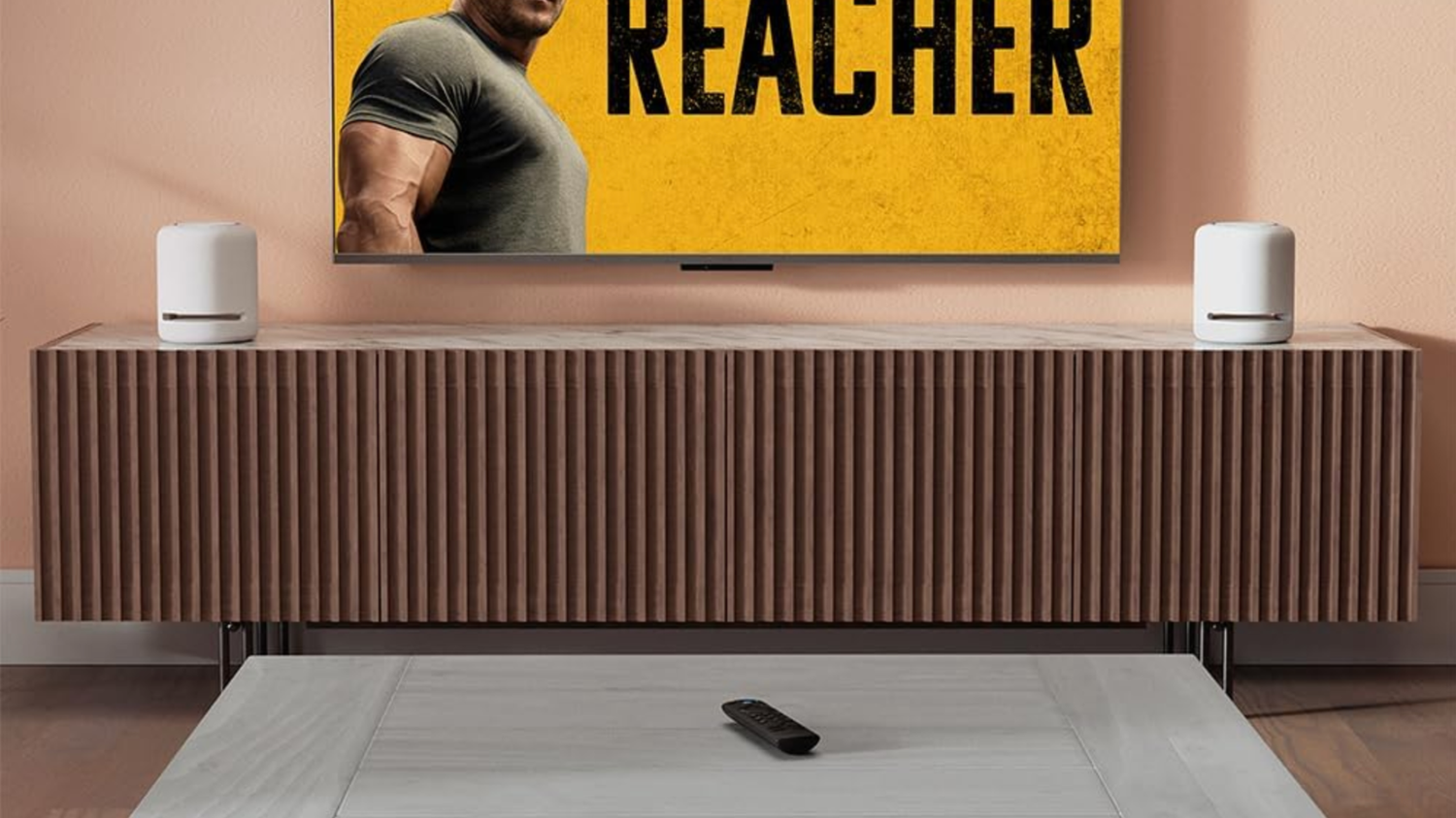 Amazon Fire TV Stick 4K on living room with TV on