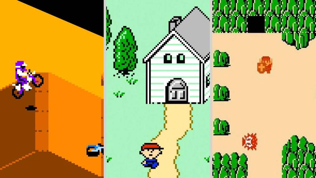 A collage of NES games I want remade, including Excitebike, Earthbound Beginnings, and Zeldas