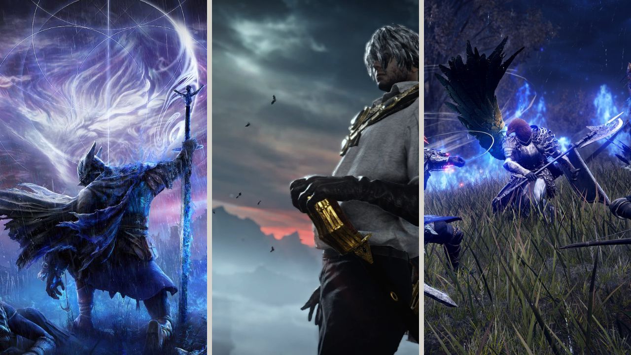 a split image with elden ring nightreign on the sides and duskbloods in the middle