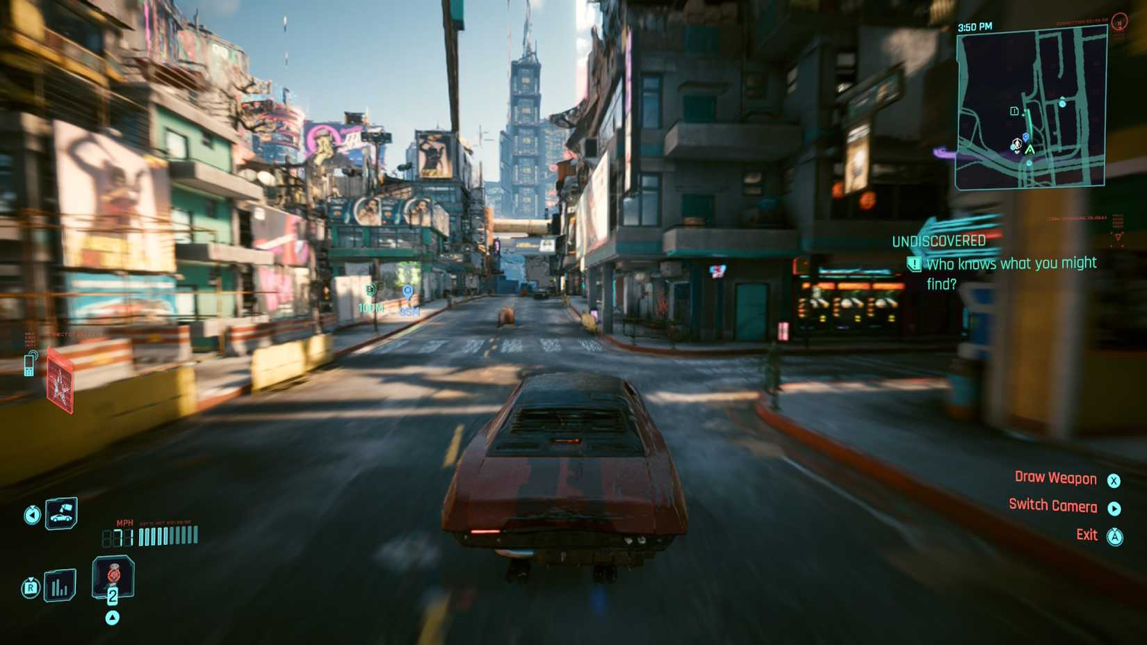 Cyberpunk 2077 on switch 2 red car third-person driving
