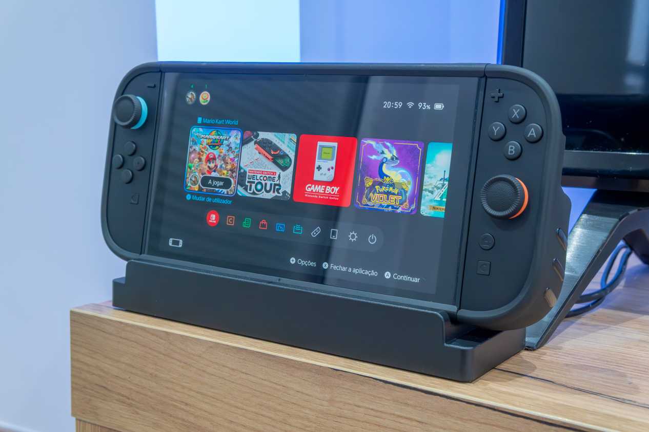 A Nintendo Switch 2 standing up with the Dbrand Killswitch case installed